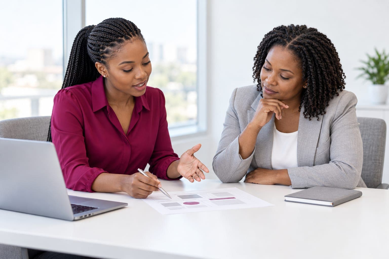 Business coach in a burgundy blouse talking an entrepreneur through a printed plan at a desk