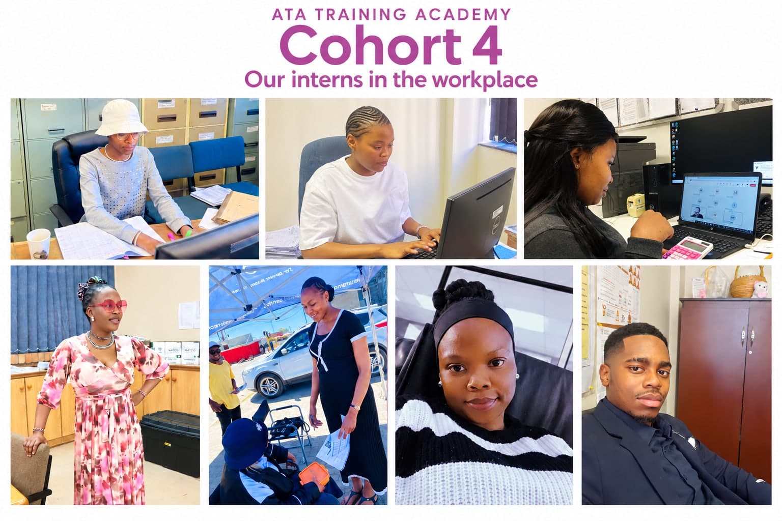 ATA Training Academy Cohort 4, our interns in the workplace: a collage of seven interns at work in their placements