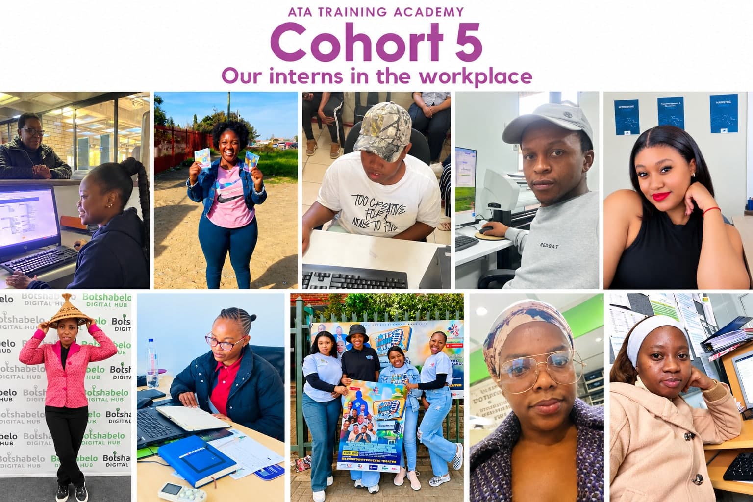 ATA Training Academy Cohort 5, our interns in the workplace: a collage of ten interns at work in their placements