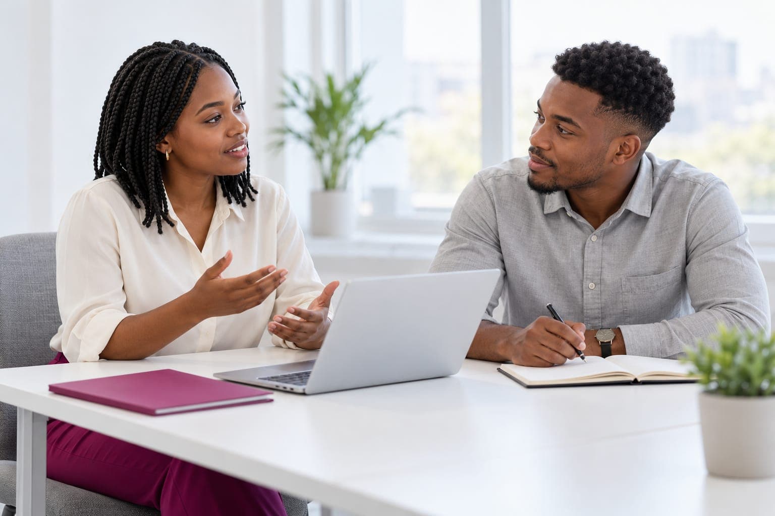 Two young colleagues in conversation at a desk with a laptop and notebook