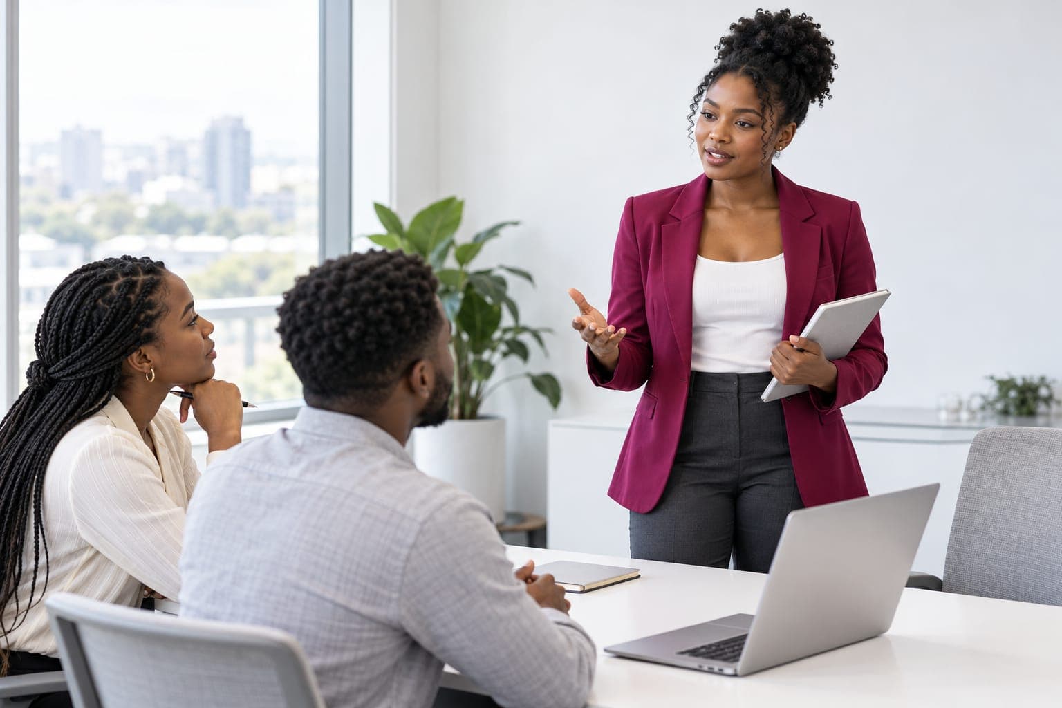 Young woman in a burgundy blazer presenting to two colleagues at a meeting table